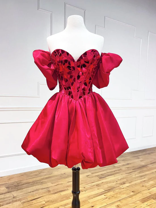 Mini/Short Red Satin Short Prom Dresses, Short Homecoming Dress - VelvetHem