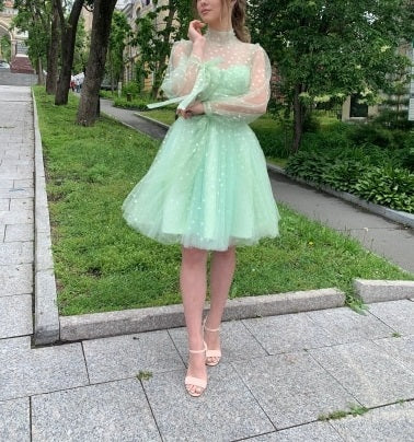 Light Green Short Tulle Prom Dresses,Long Sleeve Homecoming Party Dress - View 2 | VelvetHem