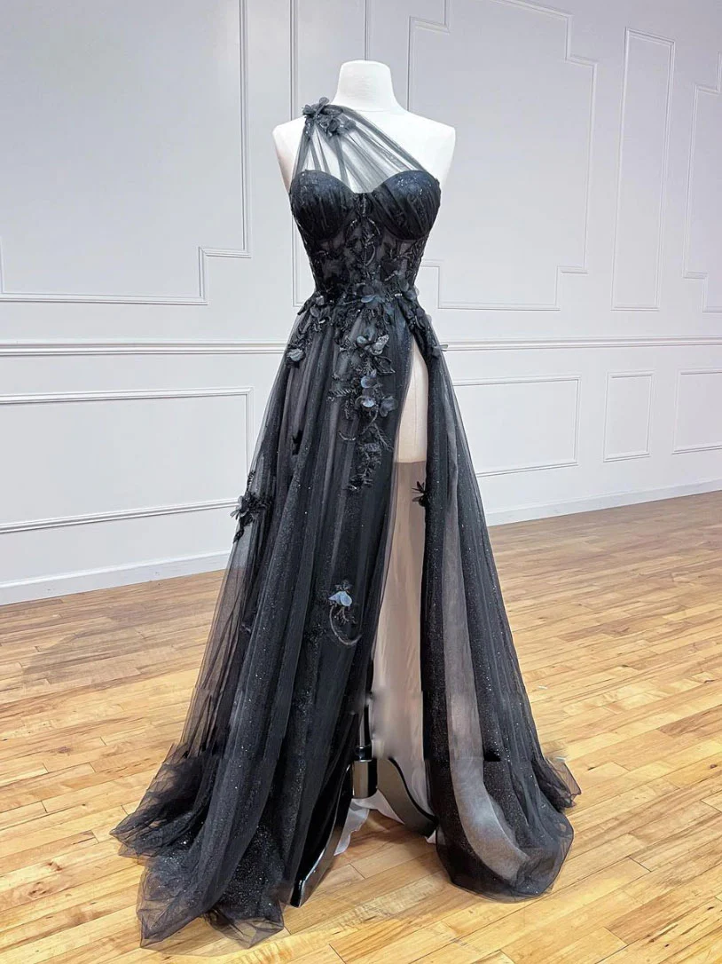 A-Line Black Tulle Lace Long Prom Dress, Black Formal Graduation Dress - VelvetHem