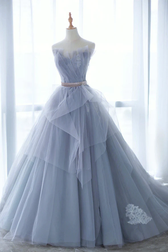 Blue Tulle Long A-Line Prom Dress with Lace - VelvetHem