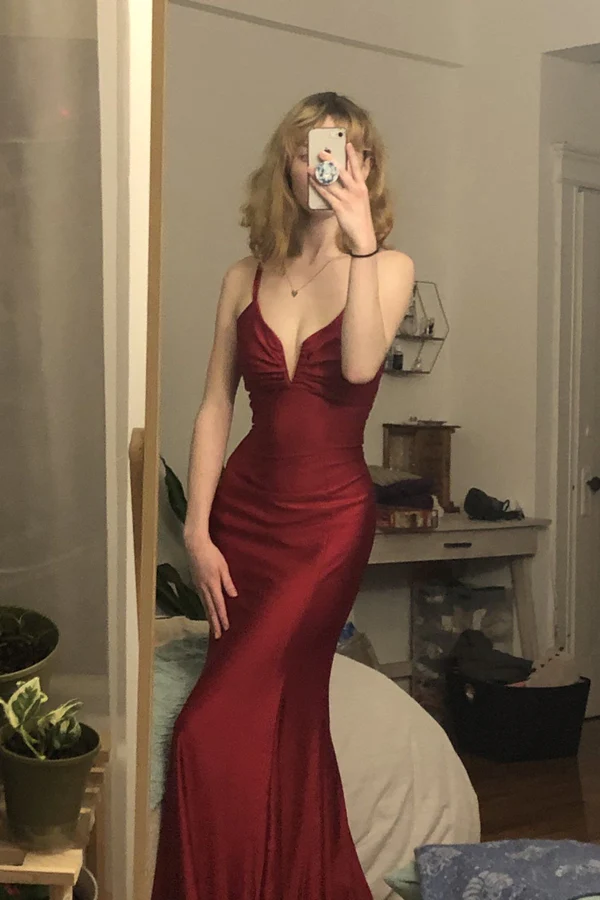 Burgundy mermaid long prom evening dress - VelvetHem