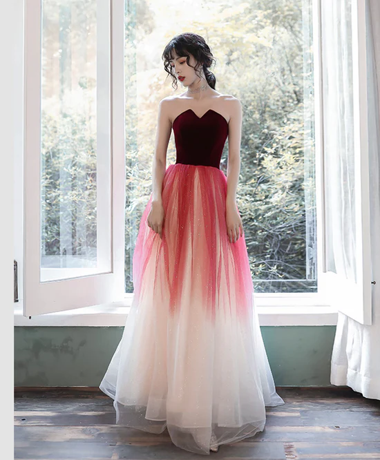 A-Line Tulle Burgundy Long Prom Dresses, Burgundy Formal Party Dress - VelvetHem