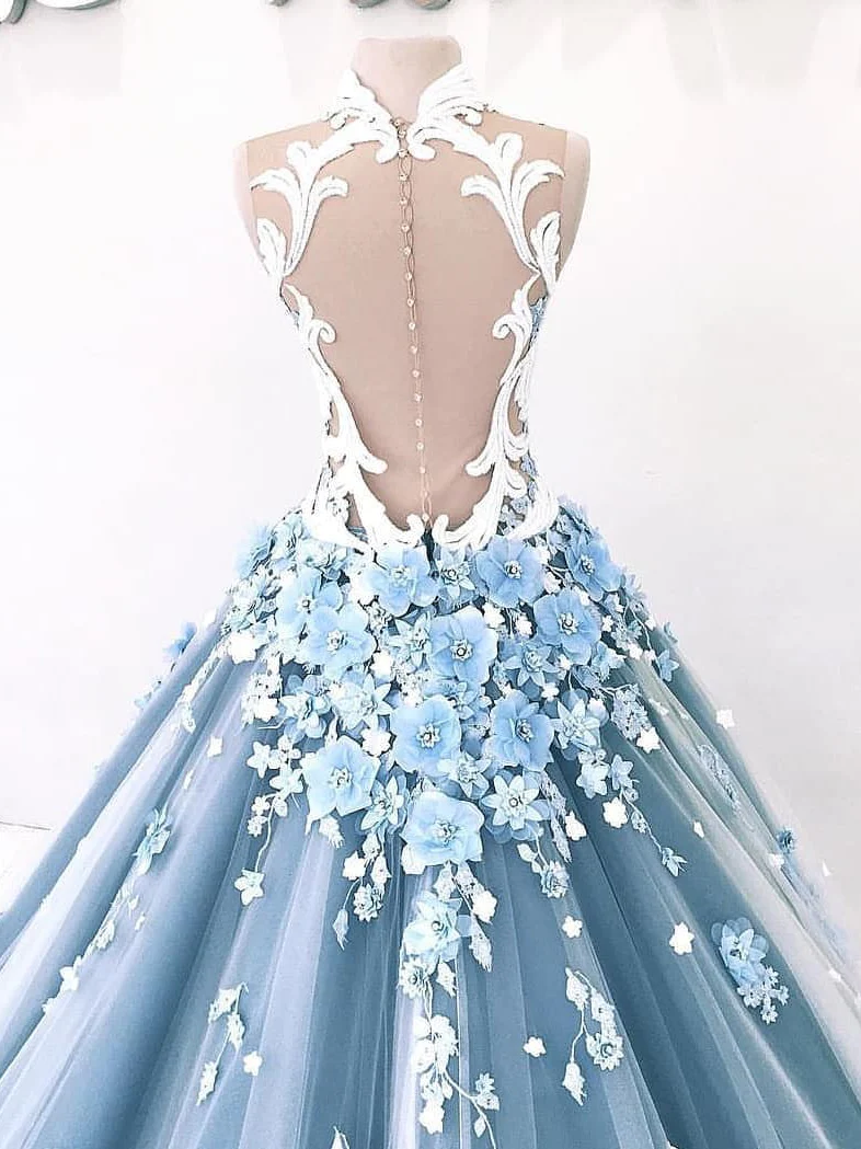 Vintage Ball Gown Prom Dress Tulle High Neck Customed Prom Dress - View 3 | VelvetHem