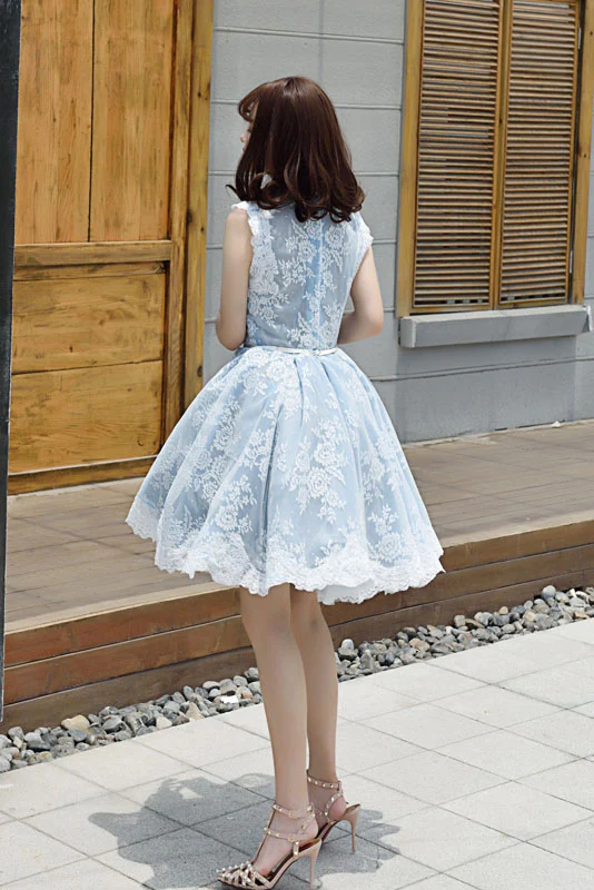 Light Sky Blue Homecoming Dress With Lace Appliques, Cute Short Formal Dress