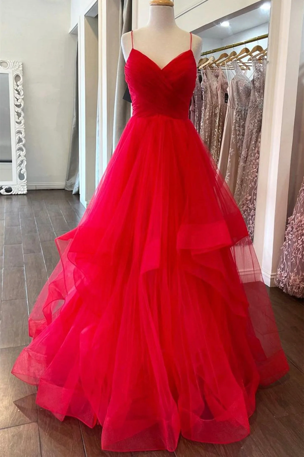 Puffy Red Tulle V Neck Long Prom Dresses, V Neck Red Formal Dresses, Red Evening Dresses - VelvetHem