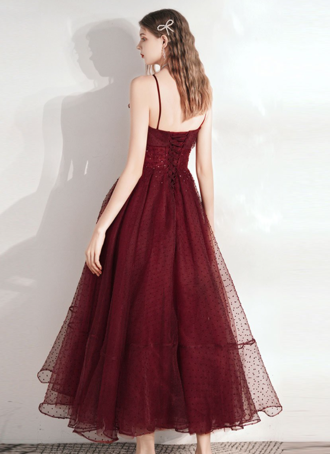 Burgundy sweetheart tulle tea length prom dress