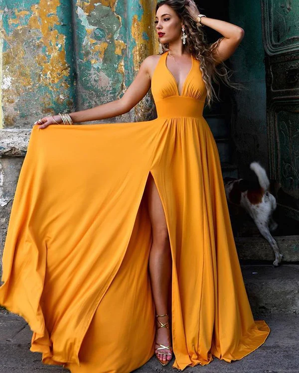 Halter Sweetheart A Line Side Slit Backless Long Gold Prom Dresses - VelvetHem