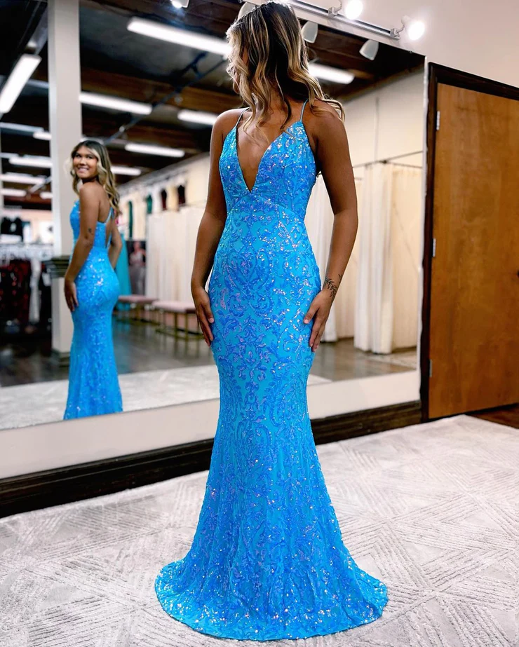 Charming Mermaid V Neck Blue Lace Sequins Long Prom Dresses - VelvetHem