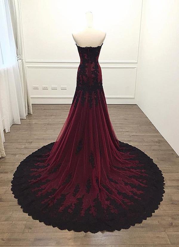 Black And Red Sweetheart Tulle With Lace Glam Evening Gown Party Dress, Long Formal Dress
