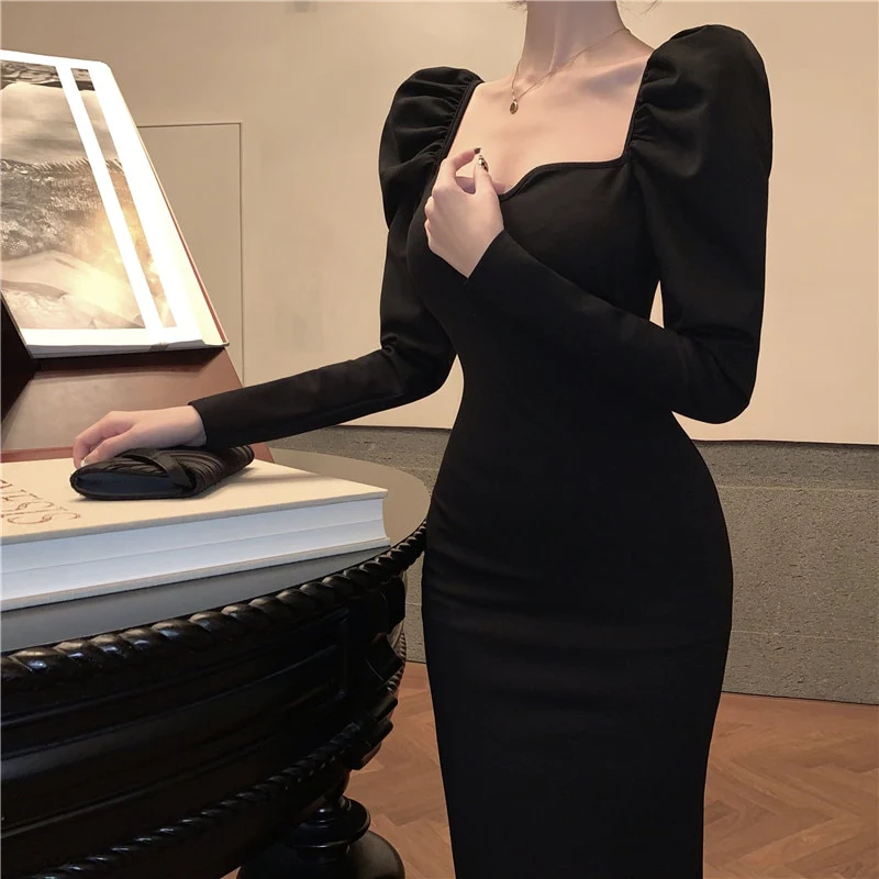 Elegant Mermaid Black Long Dress Women Korean One Piece Vintage Gothic Evening Party Dress