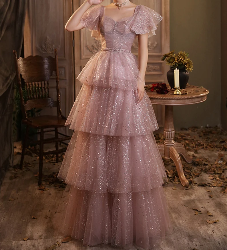 Dreamy Pink Long Prom Dress Girl Sparkly Tiered Dress Starry Evening Dress - VelvetHem