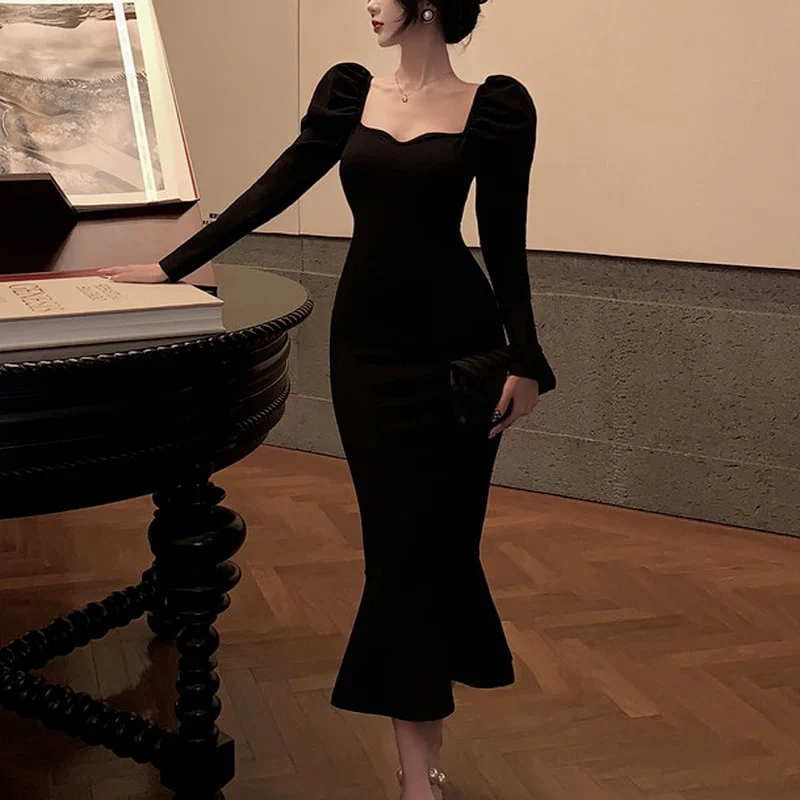 Elegant Mermaid Black Long Dress Women Korean One Piece Vintage Gothic Evening Party Dress