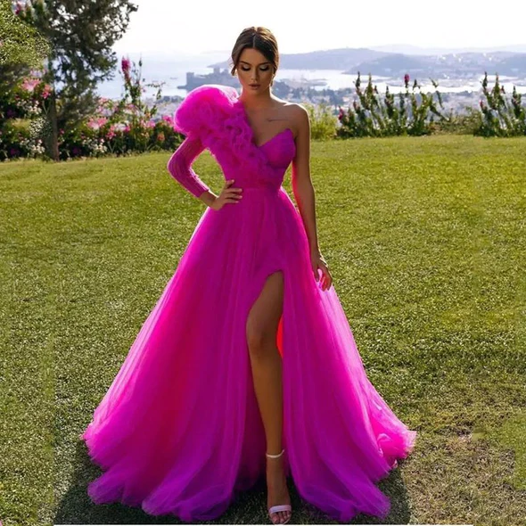 Ruffles Formal One Shoulder Tull High Slit Guest Dress Prom Dresses