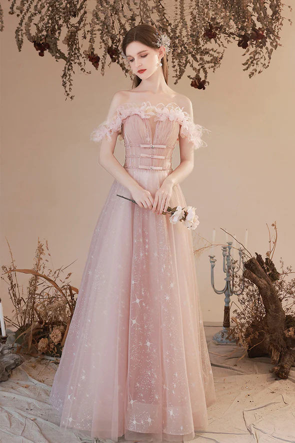 Pink tulle long prom dress A-line evening dress - VelvetHem