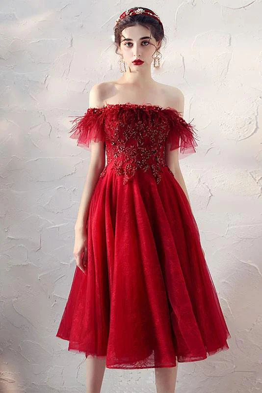 Burgundy Off The Shoulder Knee Length Homecoming Dress With Beading, A Line Dress - VelvetHem