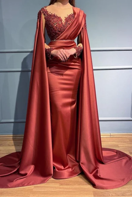 Designer Red Long Mermiad V-neck Lace Evening Dresses With Sleeves - VelvetHem