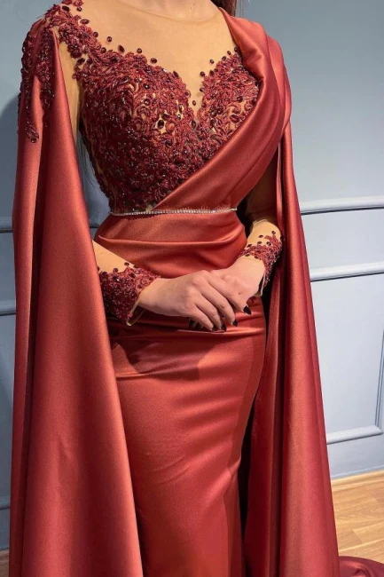 Designer Red Long Mermiad V-neck Lace Evening Dresses With Sleeves