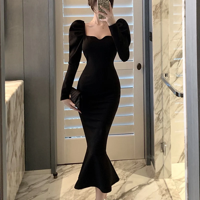Elegant Mermaid Black Long Dress Women Korean One Piece Vintage Gothic Evening Party Dress