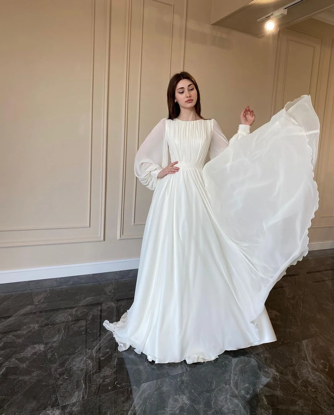 Women Elegant Pleated Lantern Sleeve Round Neck Maxi Dress Fashion Long Sleeve Party Evening Dress - View 2 | VelvetHem