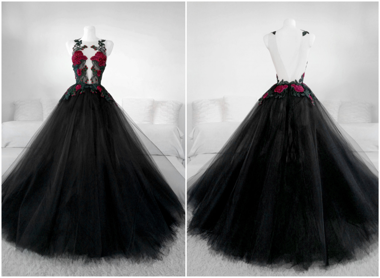 Beautiful Black Tulle With Lace Applique Long Formal Gown, Black Party Dresses