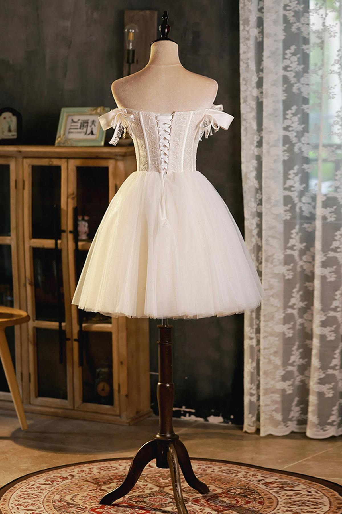 A-Line Tulle Short Prom Dress, Cute Off the Shoulder Party Dresses - View 3 | VelvetHem