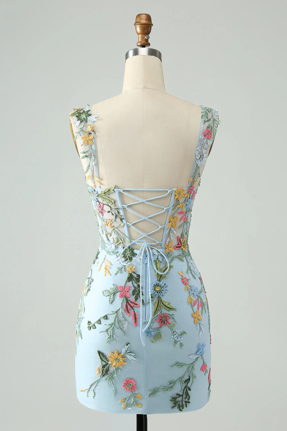 Blue Floral of the Shoulder Corset Short Homecoming Dress with Embroidery - View 2 | VelvetHem