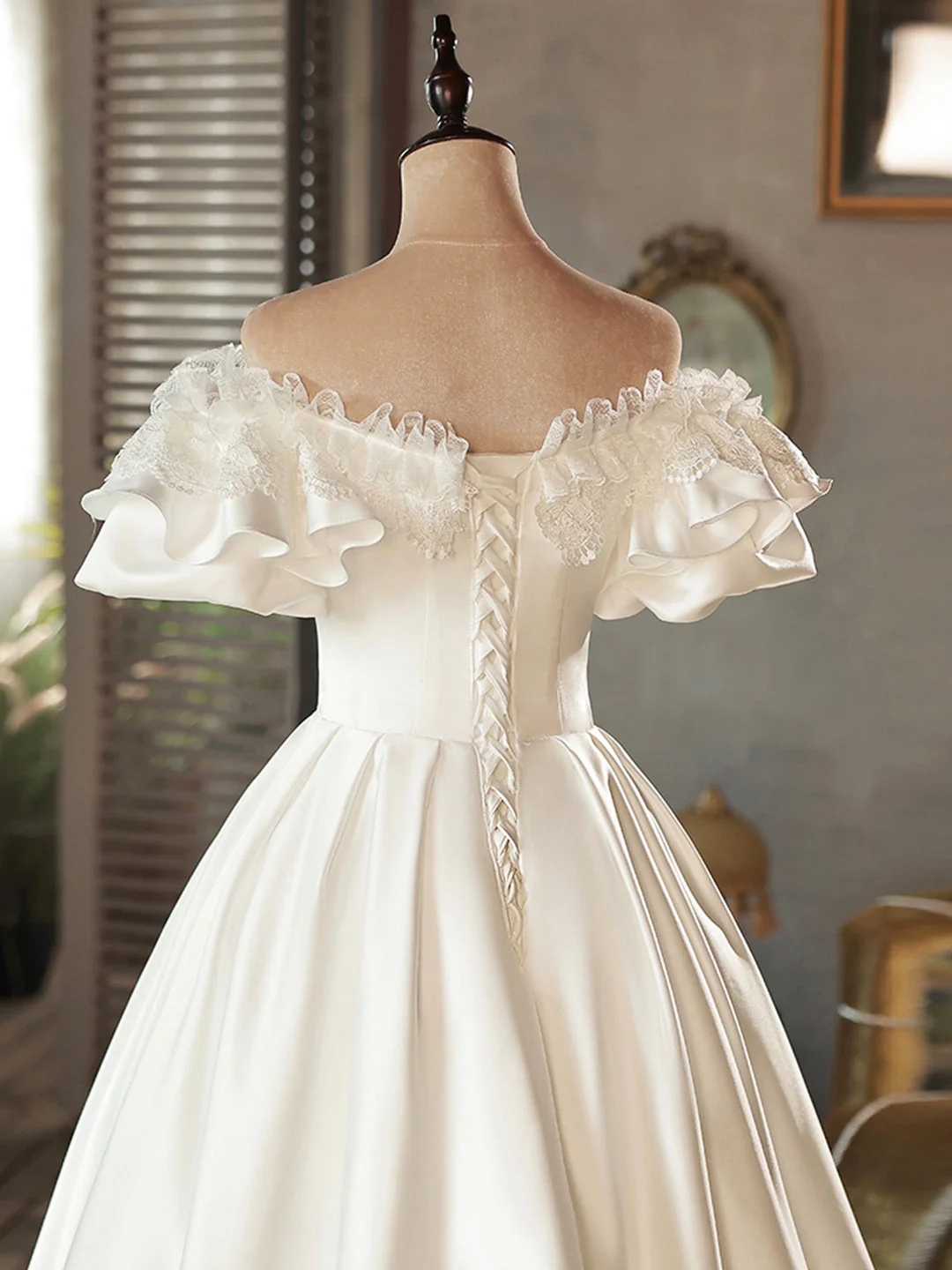 Satin Lace Short Prom Dress, Evening Dress, Wedding Dress