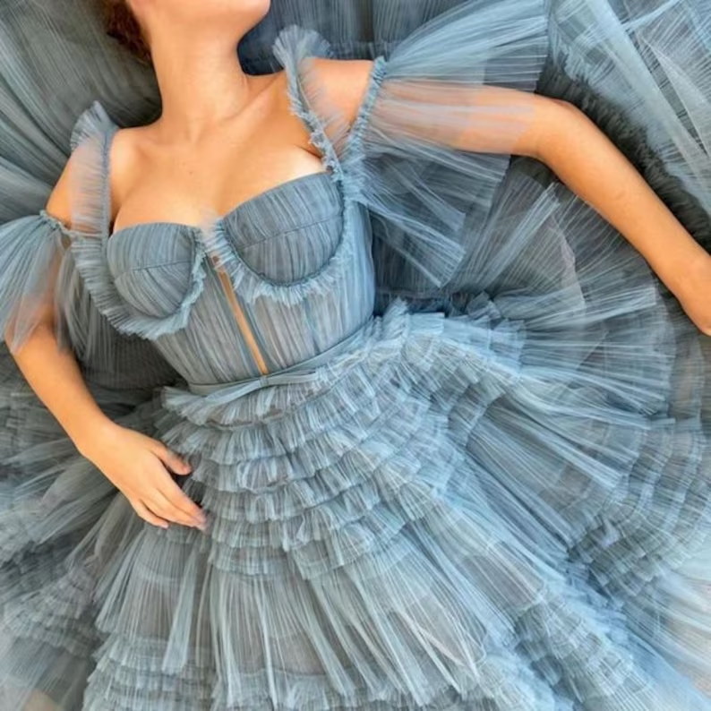 Dusty Blue Tulle Ruffled Gown, Long Tulle Prom Dress, Tiered Skirt Dress - VelvetHem