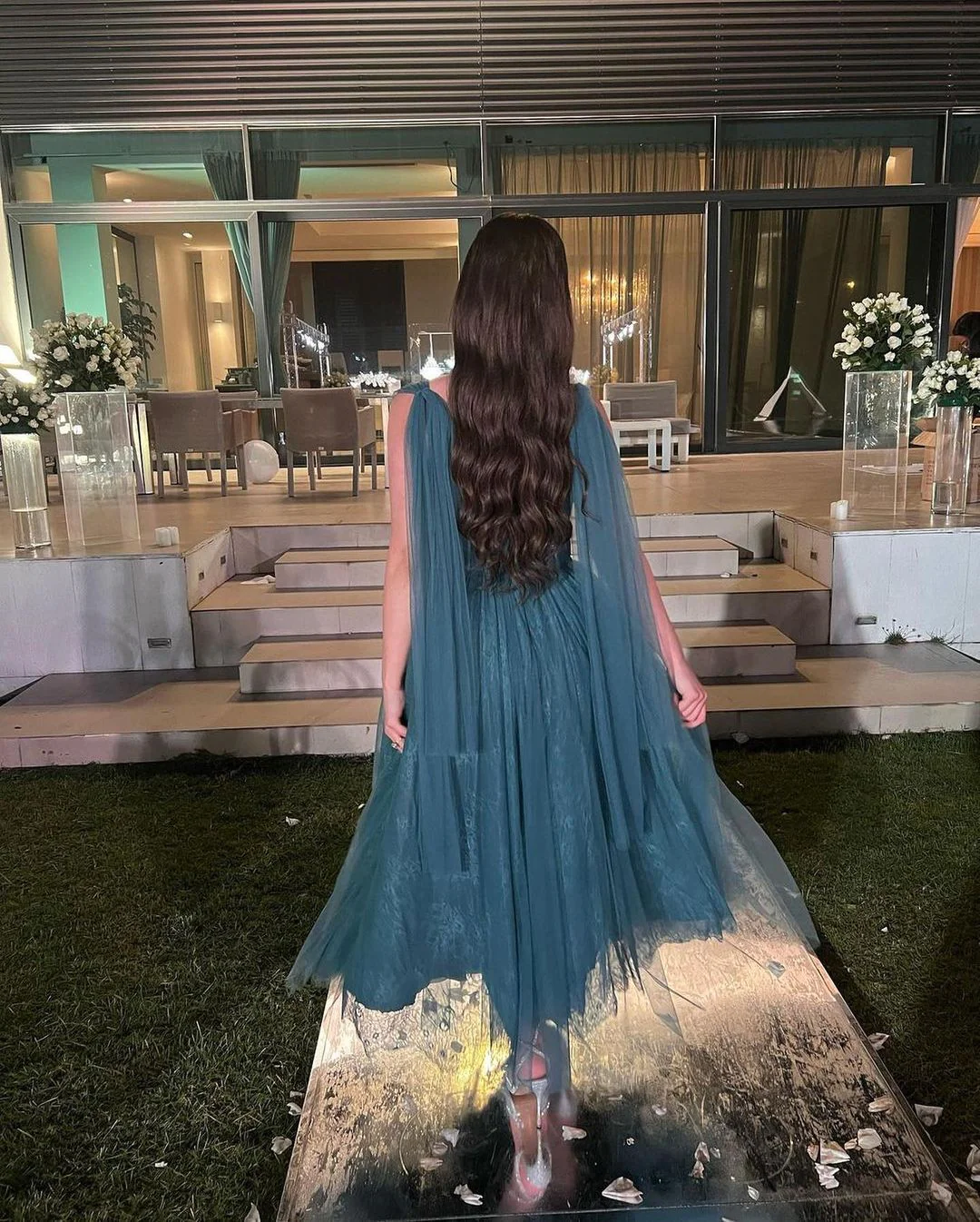 Gray Blue Straps Lace Tulle Popular Modest Prom Dress