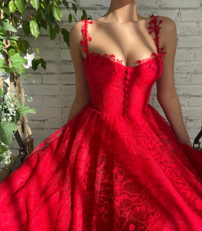 Red Lace Party Prom Dress Tulle Sweet 16 Gown - VelvetHem