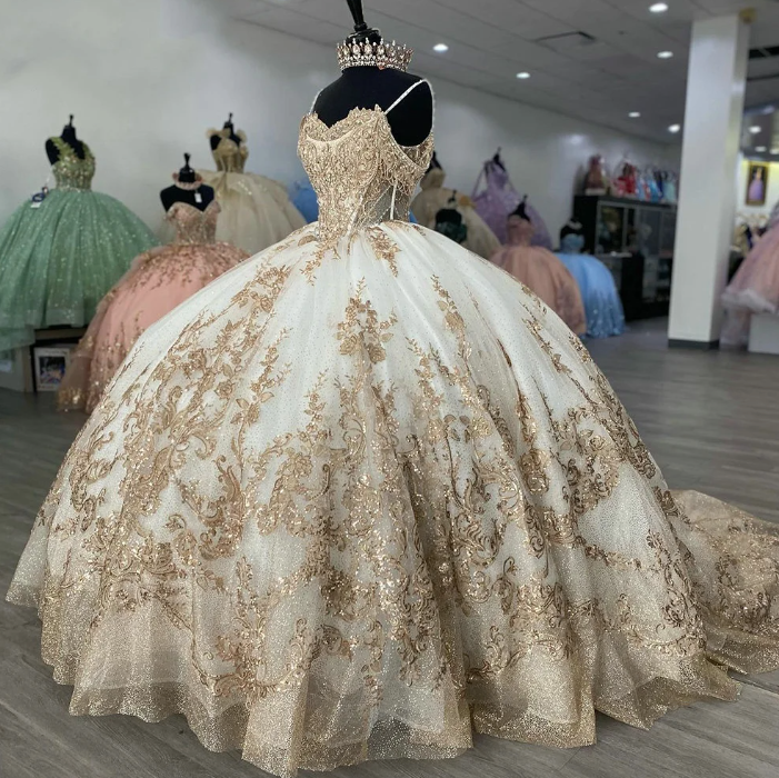 Champagne Beading Tassel Ball Gown Quinceanera Dress Spaghetti Sequined Appliques Lace Vestidos De 15 A�os - VelvetHem