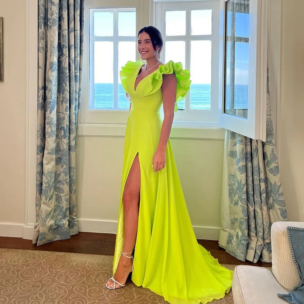 Modern Ruffles Sleeve Evening Dresses V Neck Side Split Satin Special Dress Prom Gown