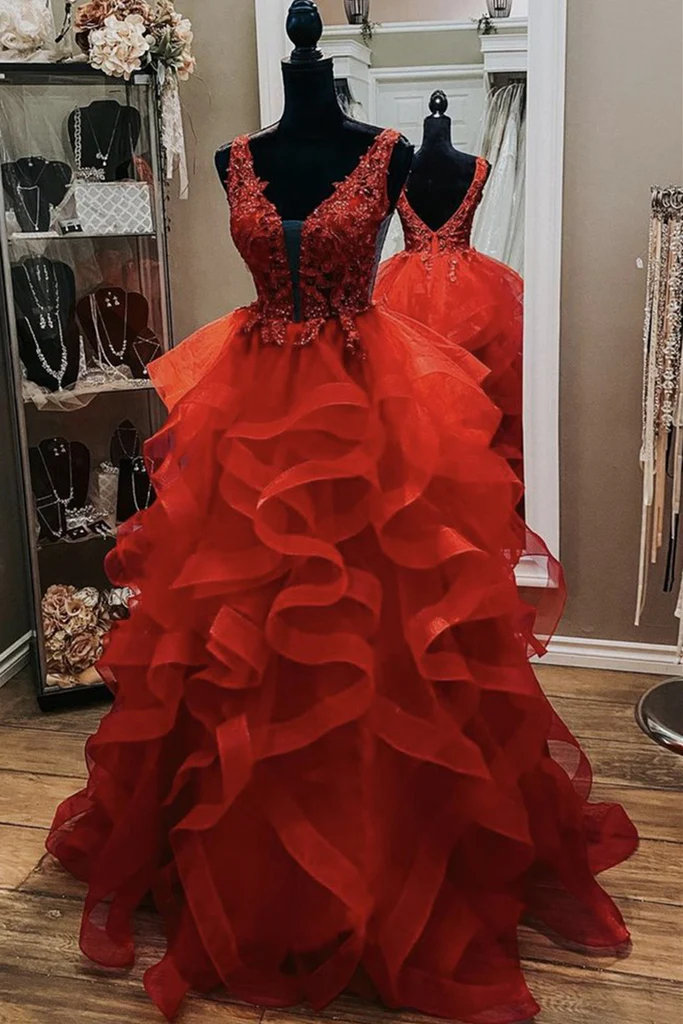Gorgeous V Neck Open Back Red Lace Long Prom Dress, Red Lace Formal Evening Dress, Red Ball Gown - VelvetHem