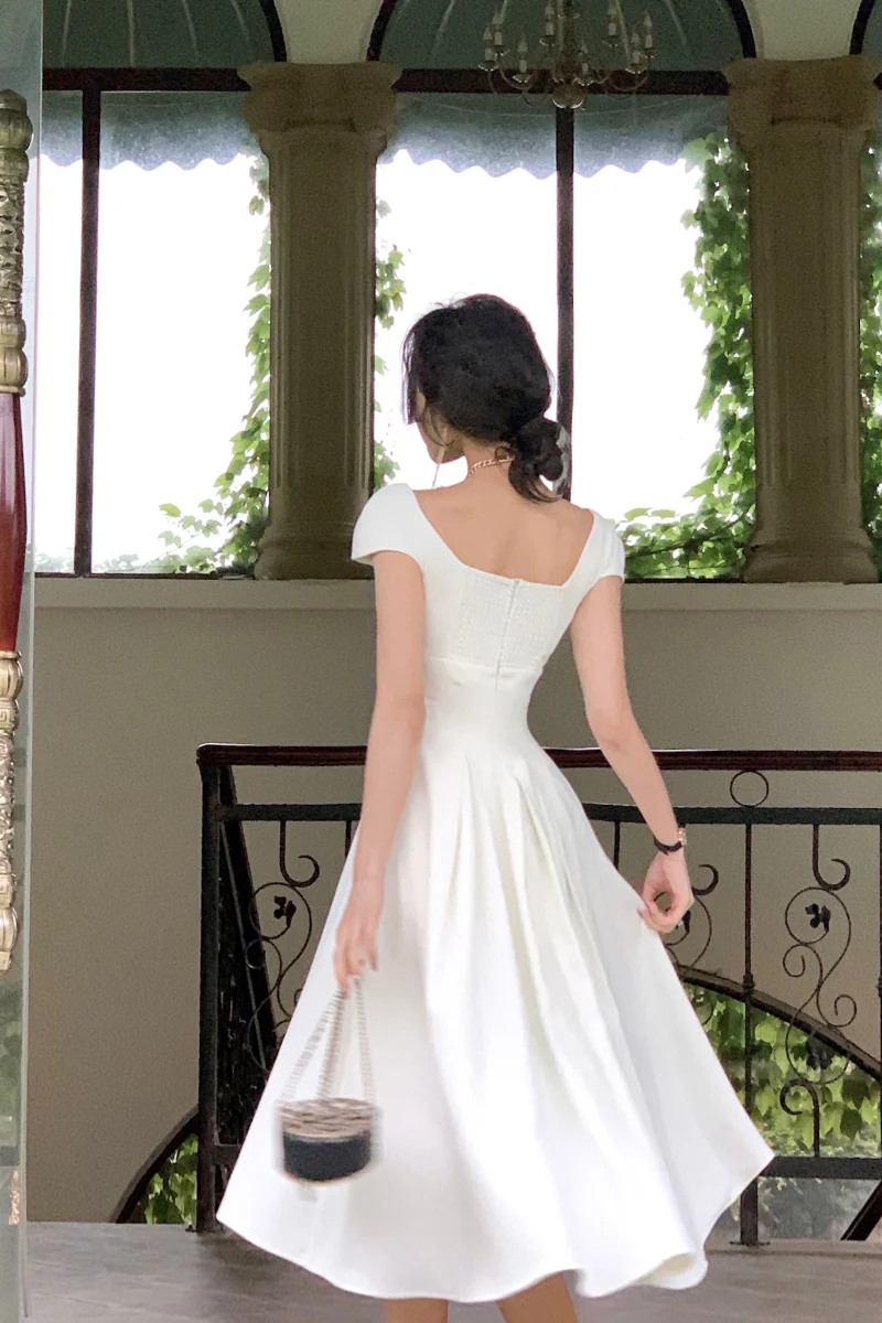White summer dress women chic elegant square neck evening birthday party midi dress fg6023 - View 4 | VelvetHem