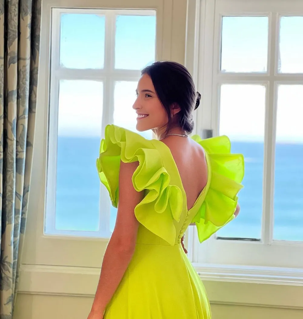 Modern Ruffles Sleeve Evening Dresses V Neck Side Split Satin Special Dress Prom Gown - View 2 | VelvetHem