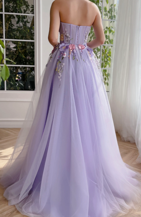 Lavender Floral Gown long prom dresses, evening dresses,party dresses, formal dress