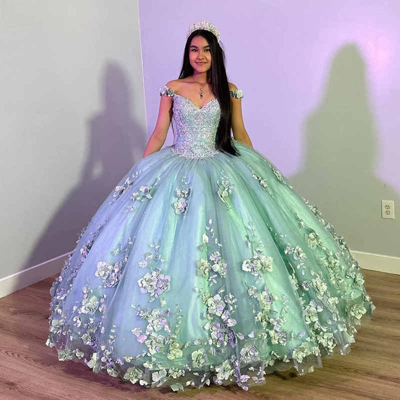 Light Green Quinceanera Dress with 3D Flowers Sleeveless Cape Ball Gown Corset Vestido De 15 Anos - VelvetHem