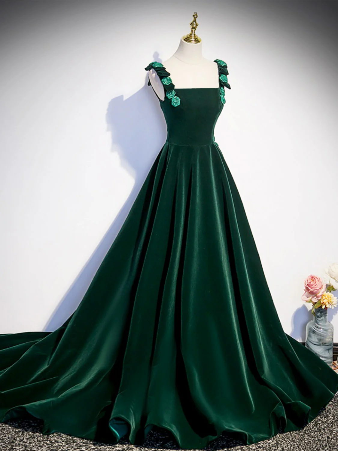 Prom Dresses,a-line Velvet Green Long Prom Dresses, Green Formal Evening Dresses - View 3 | VelvetHem