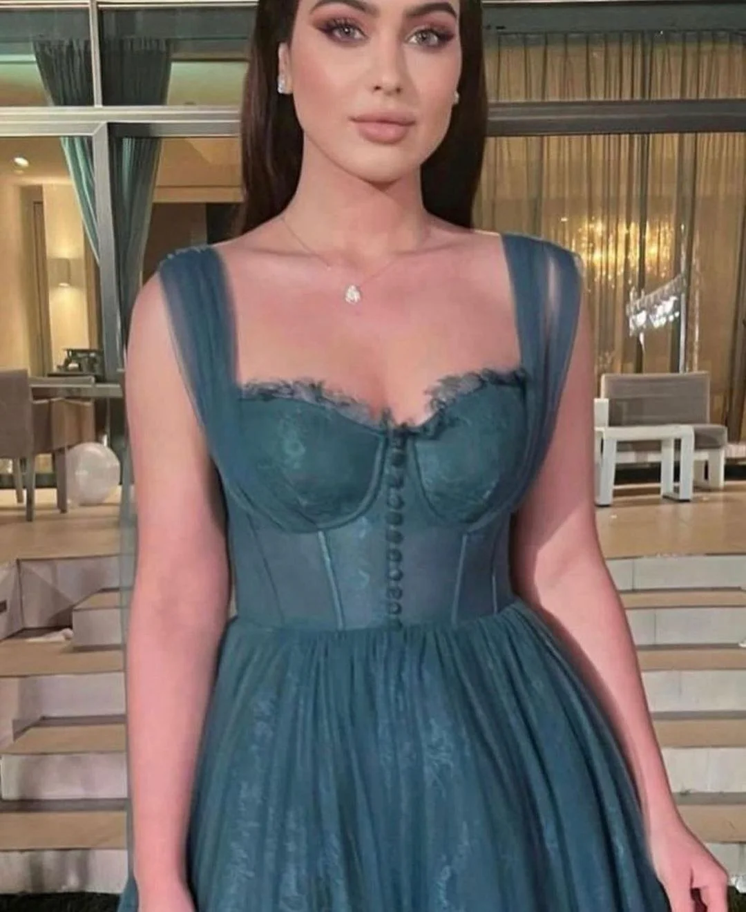 Gray Blue Straps Lace Tulle Popular Modest Prom Dress
