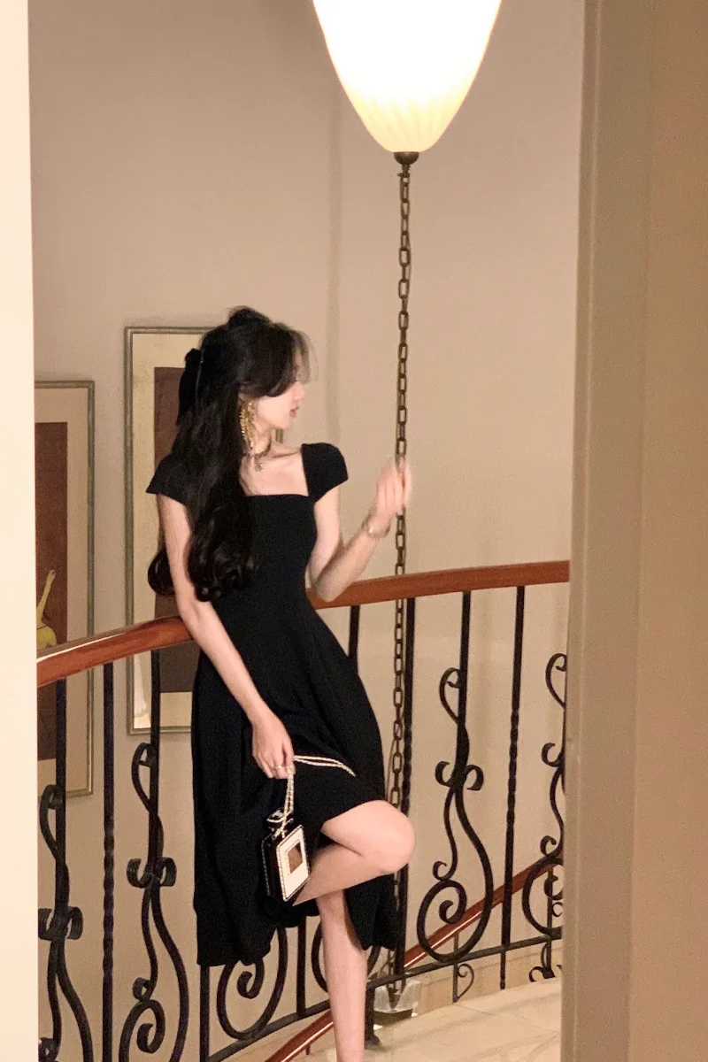 White summer dress women chic elegant square neck evening birthday party midi dress fg6023 - View 6 | VelvetHem
