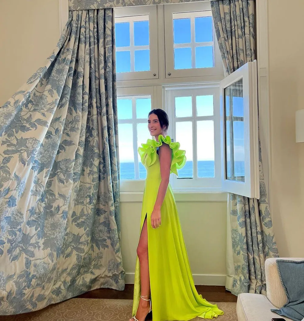 Modern Ruffles Sleeve Evening Dresses V Neck Side Split Satin Special Dress Prom Gown - View 3 | VelvetHem