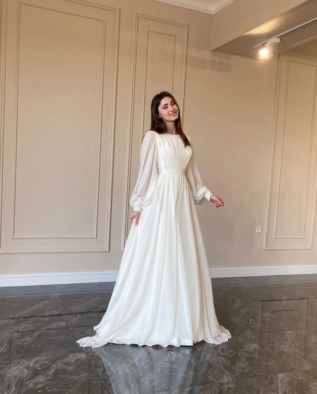 Women Elegant Pleated Lantern Sleeve Round Neck Maxi Dress Fashion Long Sleeve Party Evening Dress - View 3 | VelvetHem