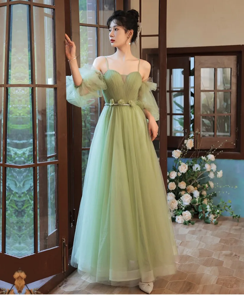 green tulle a line long prom dress, green tulle formal dress