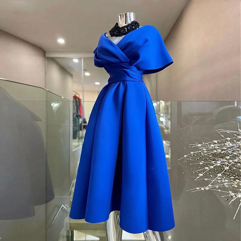 Gorgeous Cocktail Dress for Women Satin Pleated Sexy V Neck Off Shoulder Princess Prom Dresses fg6029 - View 4 | VelvetHem