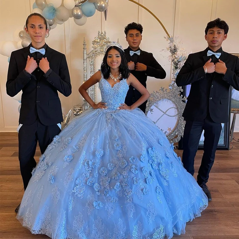 Blue Off Shoulder Dress 15th 3D Floral Formal Birthday Luxury Ball Gown fg6013 - VelvetHem