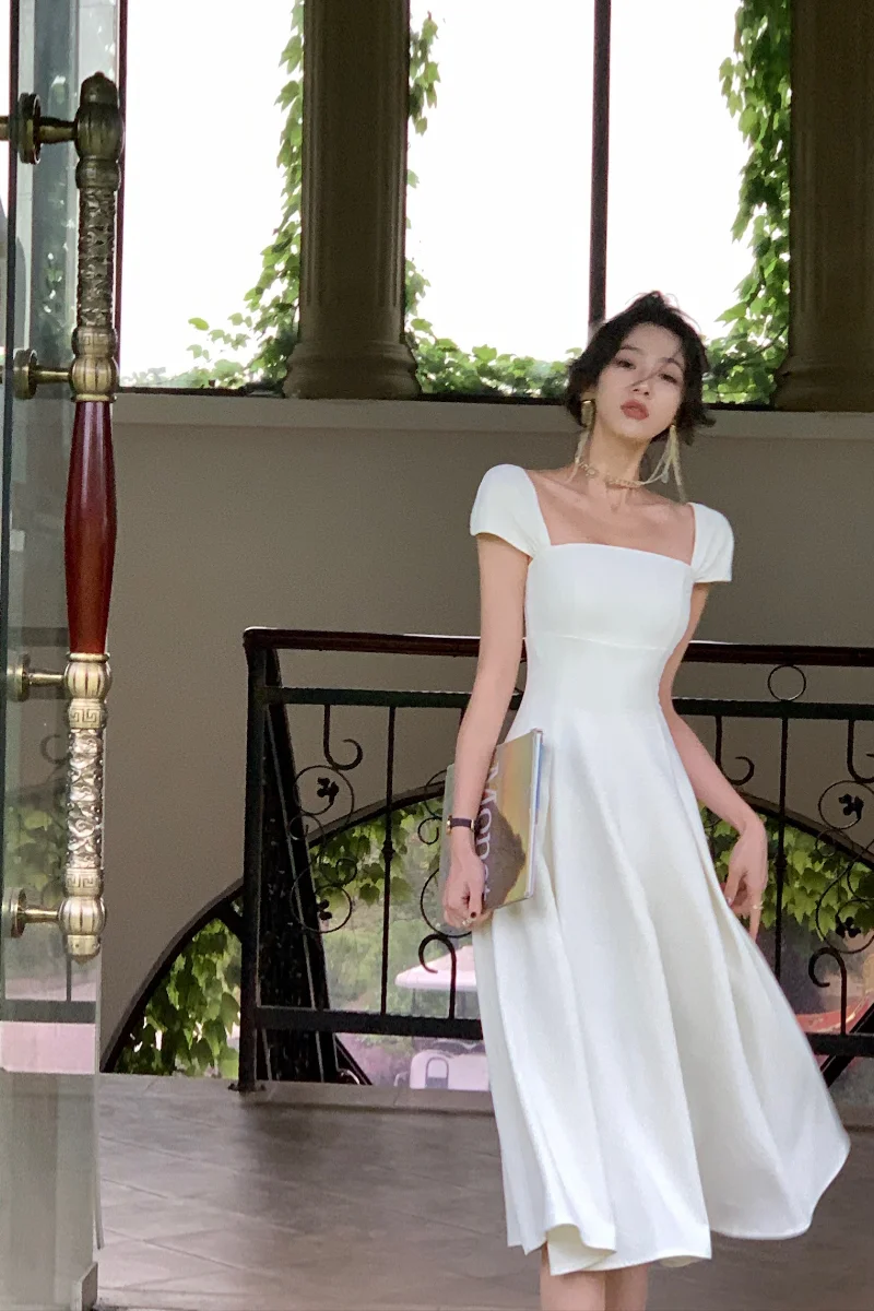 White summer dress women chic elegant square neck evening birthday party midi dress fg6023 - VelvetHem