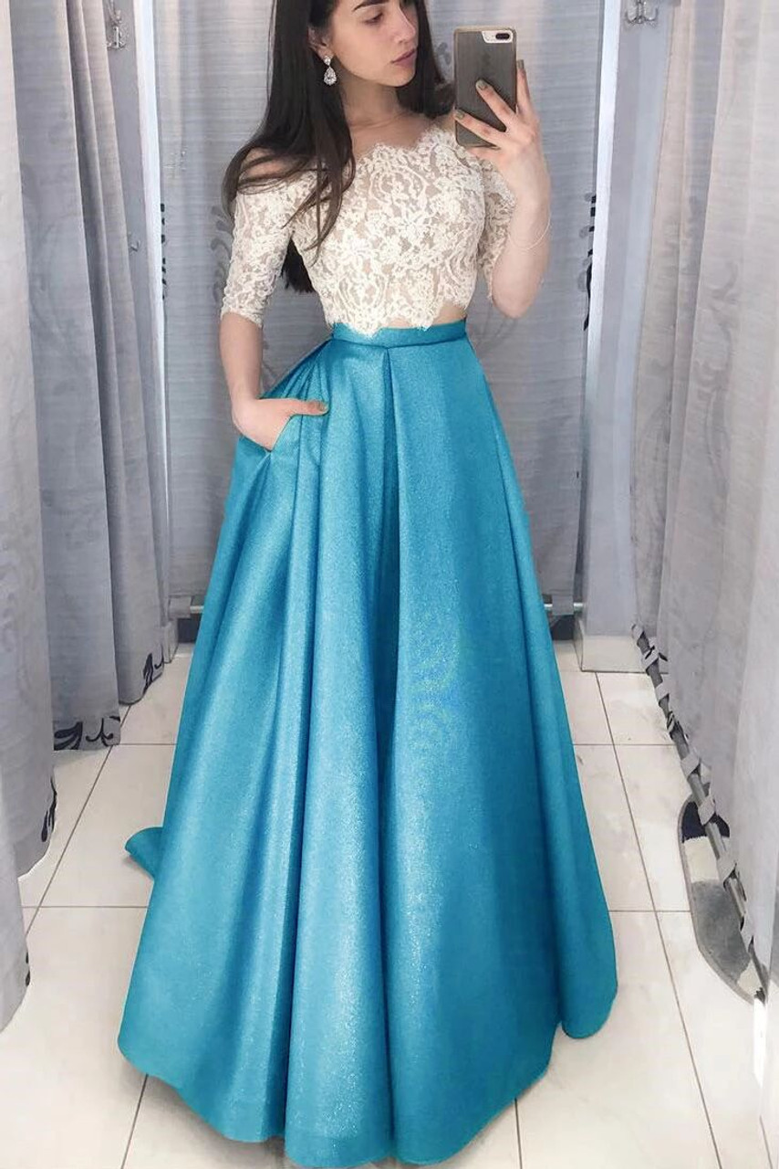 Two Piece Long Prom Dress with White Lace Top fg6170 - View 4 | VelvetHem