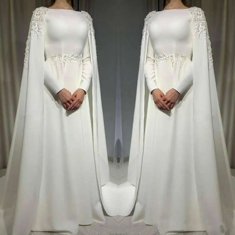 Muslim Wedding Dress with Cape Long Sleeves Beading Plus Size Satin Bridal Gowns fg6020 - View 3 | VelvetHem