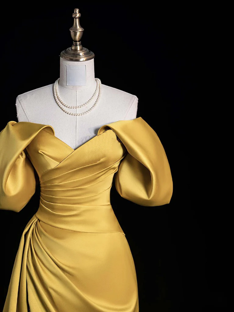 A-Line Off Shoulder Satin Gold Long Prom Dress, Gold Long Evening Dress fg6085 - View 3 | VelvetHem