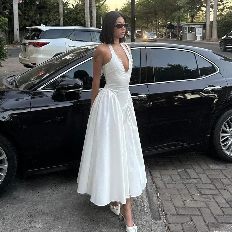 Solid Color Women's V-Neck Evening Dress Sleeveless Halter Chic Dress For Women fg6088 - View 3 | VelvetHem